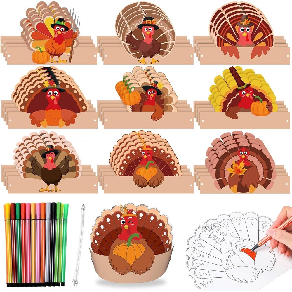 36 Pack Thanksgiving Turkey DIY Coloring Crowns Kids Craft‎ Kit with 24 Markers